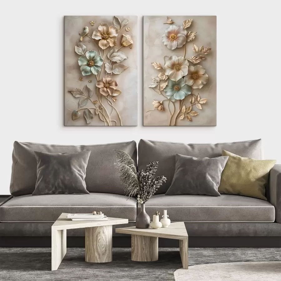 Fotobehang een verfijnd decoratief arrangement van bloemen en bladeren m30260