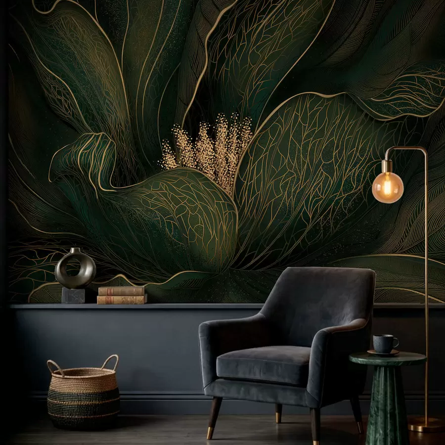 Fotobehang Donkergroene abstracte bloem met fijne lijndetails w05119v1