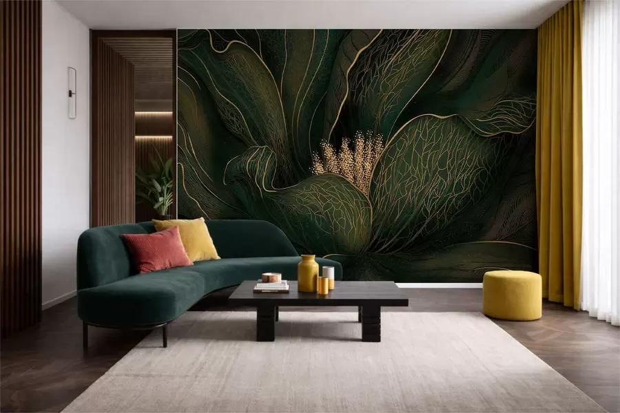 Fotobehang Donkergroene abstracte bloem met fijne lijndetails w05119v1