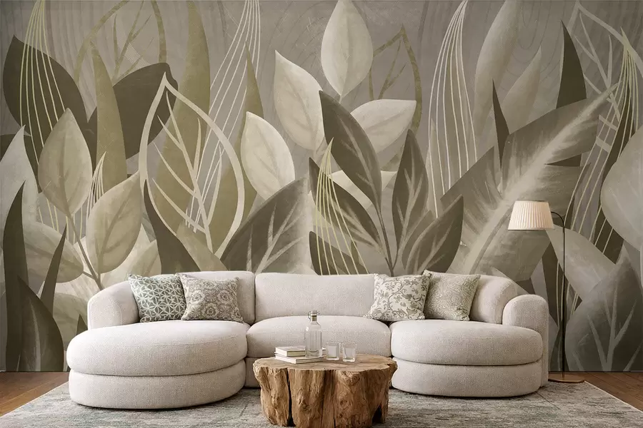 Fotobehang Abstracte bladeren in beige en groene tinten w05148