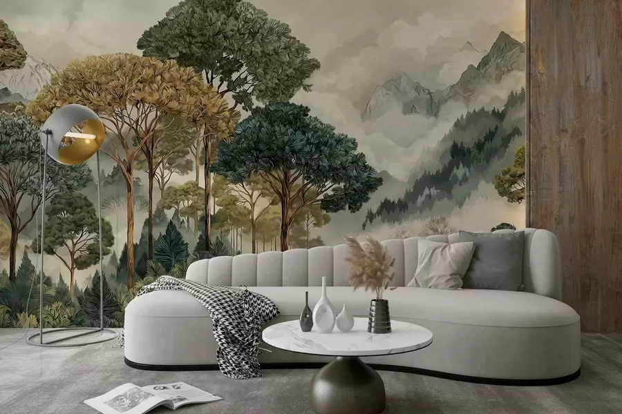 Papier peint photo Une forêt de grands arbres dans des montagnes brumeuses w05410