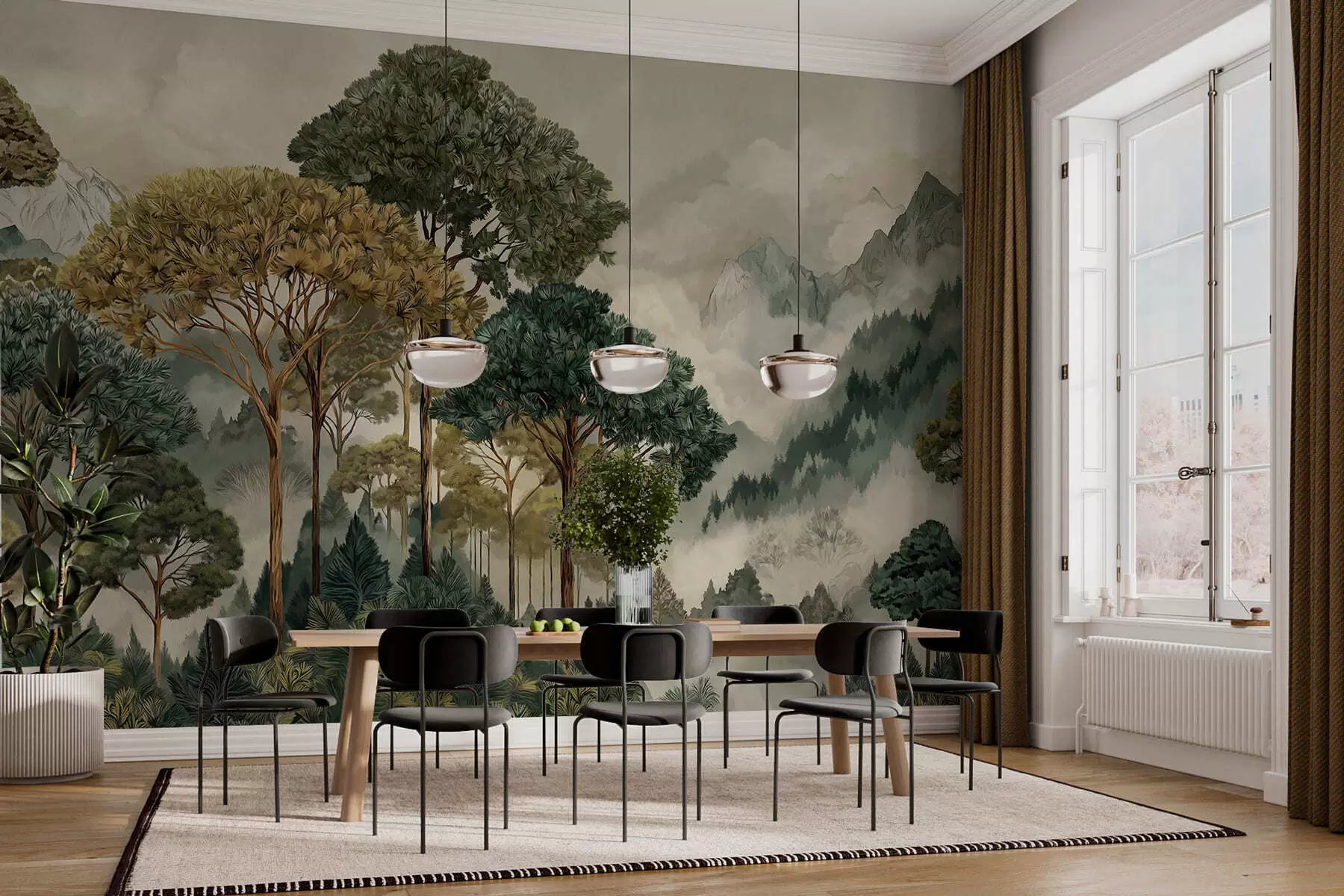 Fotobehang Bos met hoge bomen in mistige bergen w05410