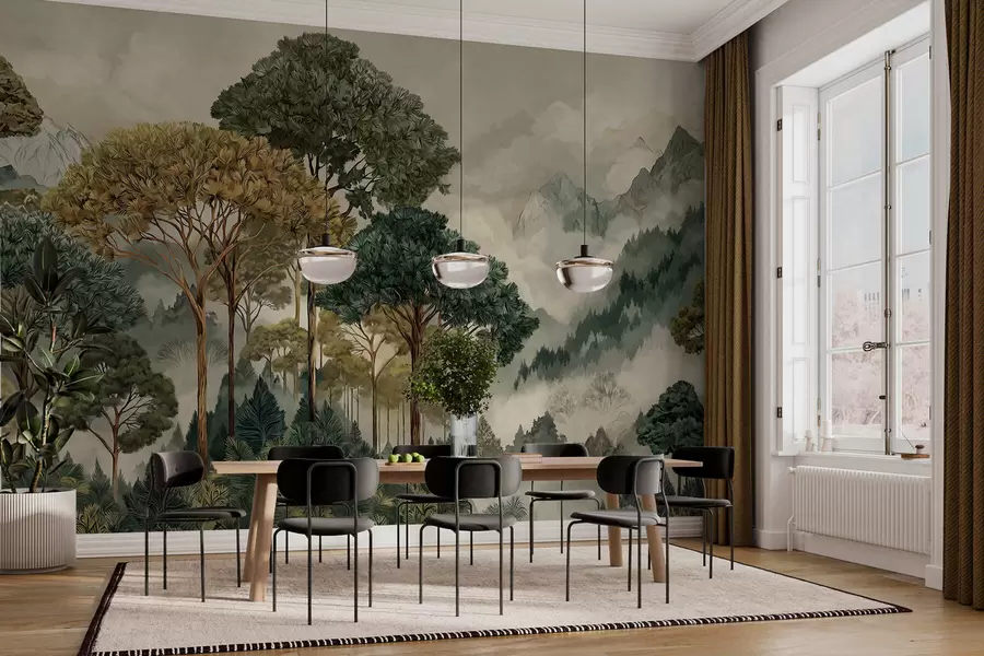 Papier peint photo Une forêt de grands arbres dans des montagnes brumeuses w05410