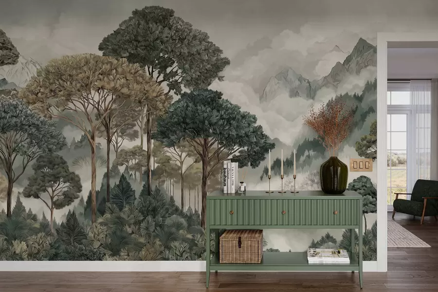 Papier peint photo Paysage de montagne avec une forêt aux tons doux w05410v1