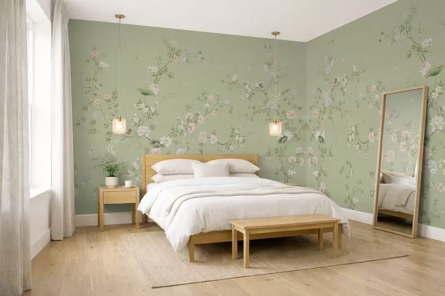 Papier peint photo Branches fleuries avec des oiseaux sur fond vert clair w05416
