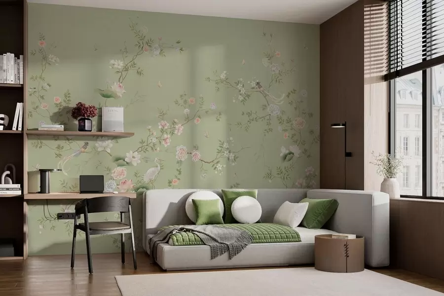 Papier peint photo Branches fleuries avec des oiseaux sur fond vert clair w05416