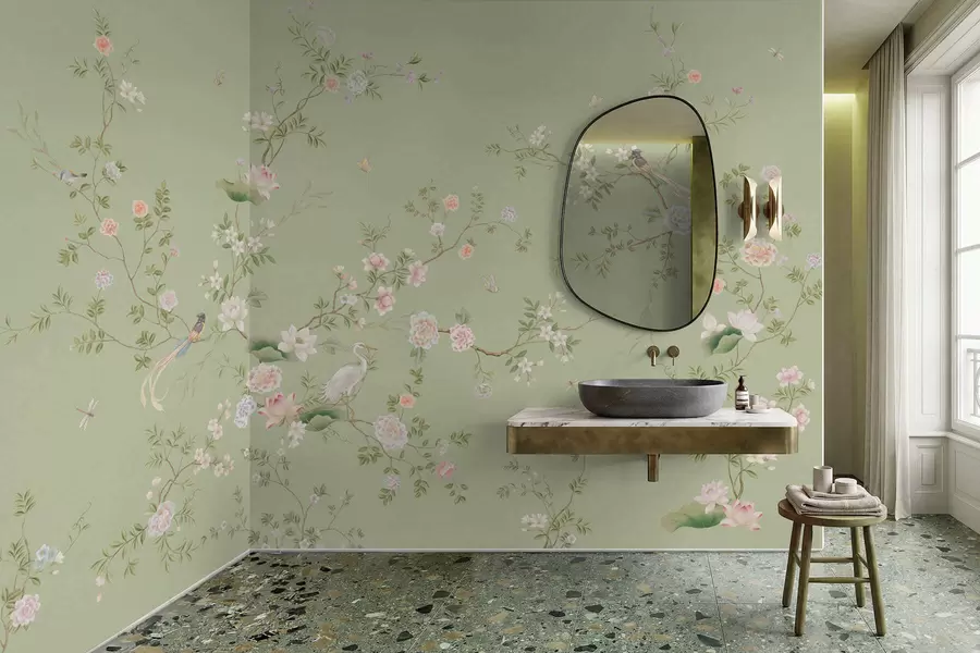 Fotobehang Bloeiende takken met vogels op lichtgroen w05416