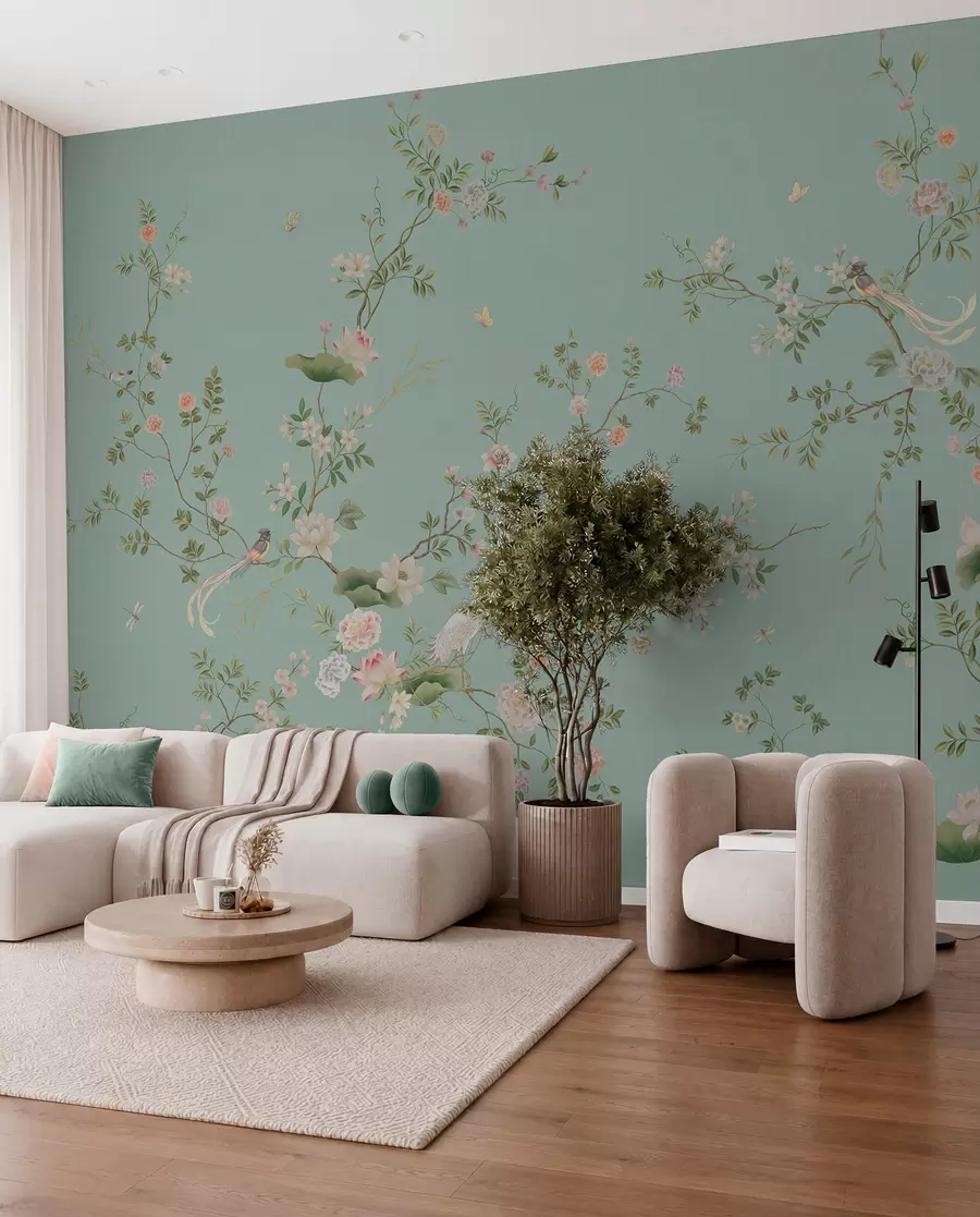 Fotobehang Bloeiende takken met vogels op een blauwe achtergrond w05416v1