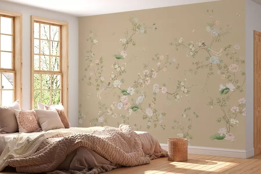 Papier peint photo Branches fleuries avec des oiseaux sur fond beige clair w05416v2