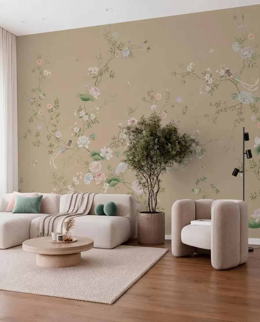 Fotobehang Bloeiende takken met vogels op warm beige w05416v2