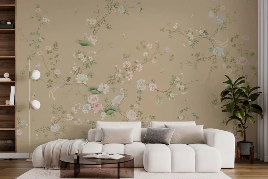Fotobehang Bloeiende takken met vogels op warm beige w05416v2