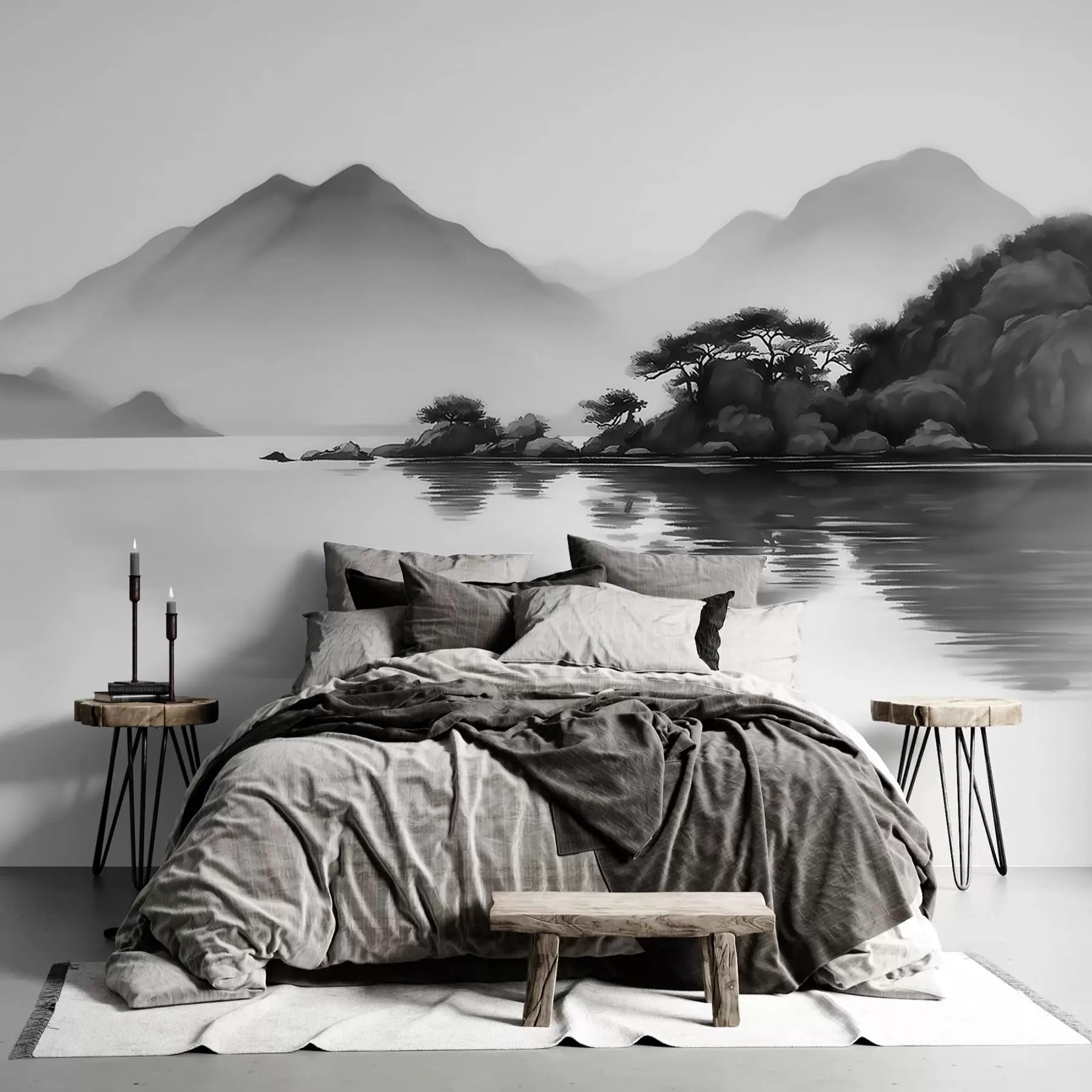 Papier peint photo Paysage en noir et blanc avec des montagnes et un lac dans une brume légère w09803