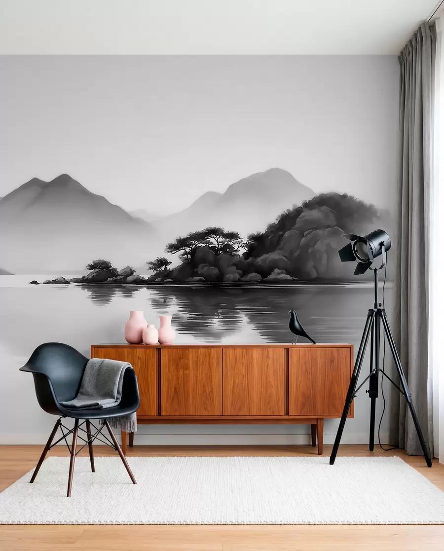 Fotobehang Zwart-wit landschap met bergen en een meer in een lichte mist w09803