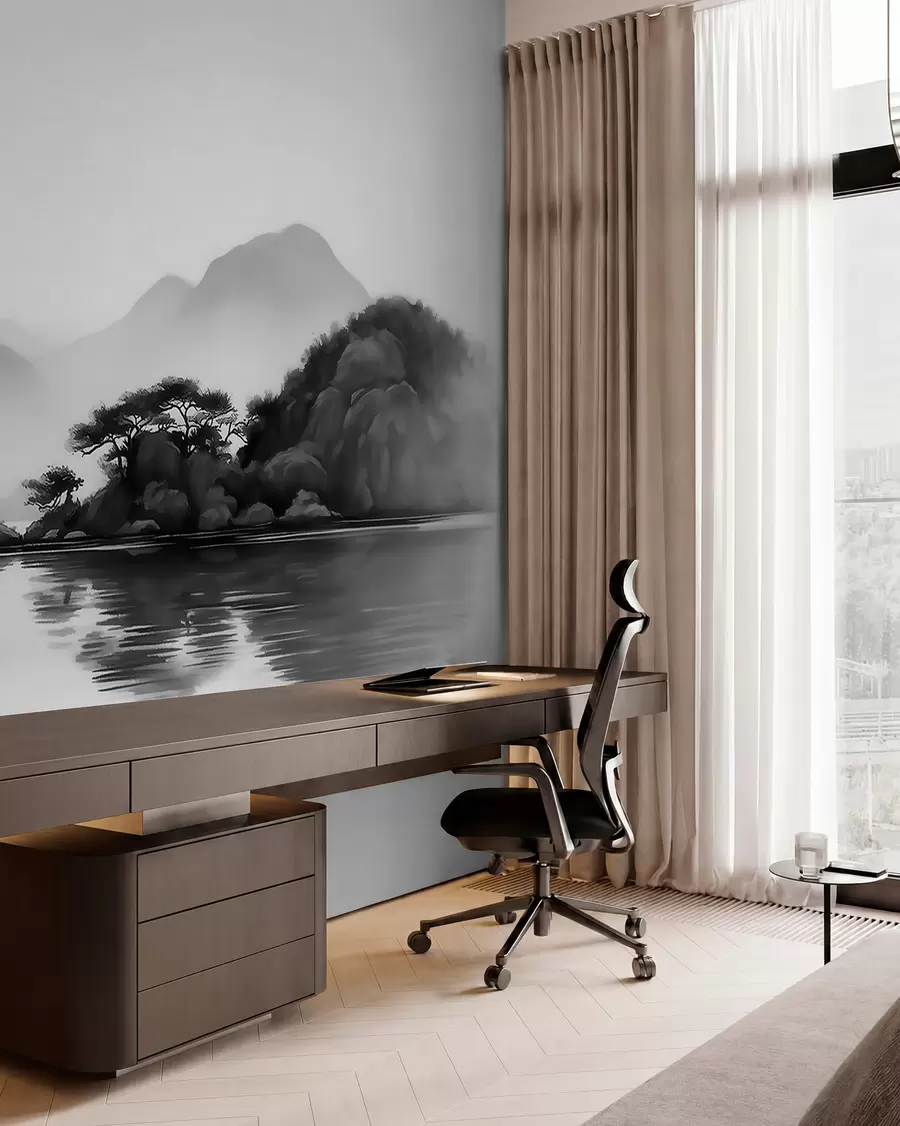 Fotobehang Zwart-wit landschap met bergen en een meer in een lichte mist w09803