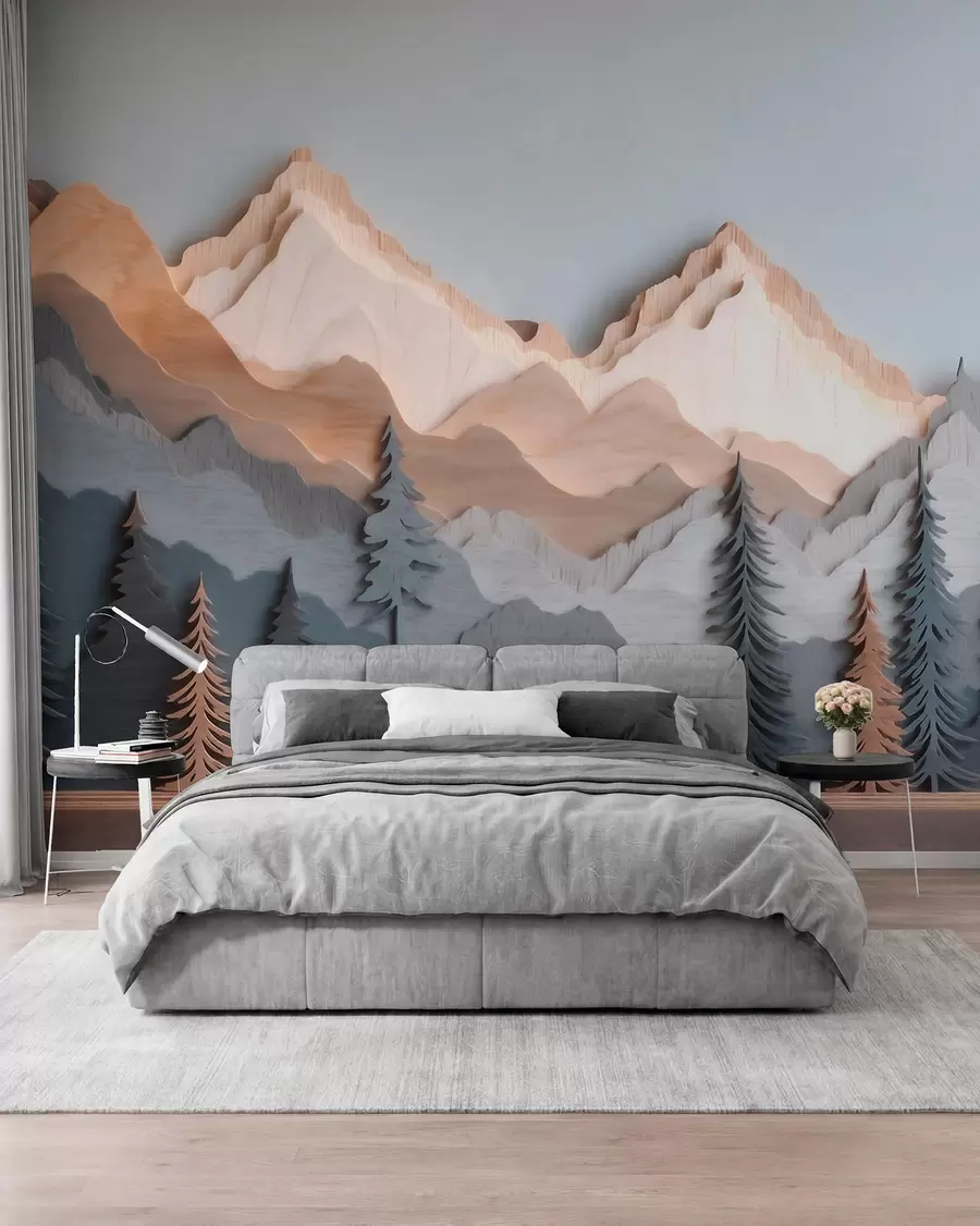 Papier peint photo Paysage naturel avec des pins et des montagnes, dans un style de sculpture sur bois w09793