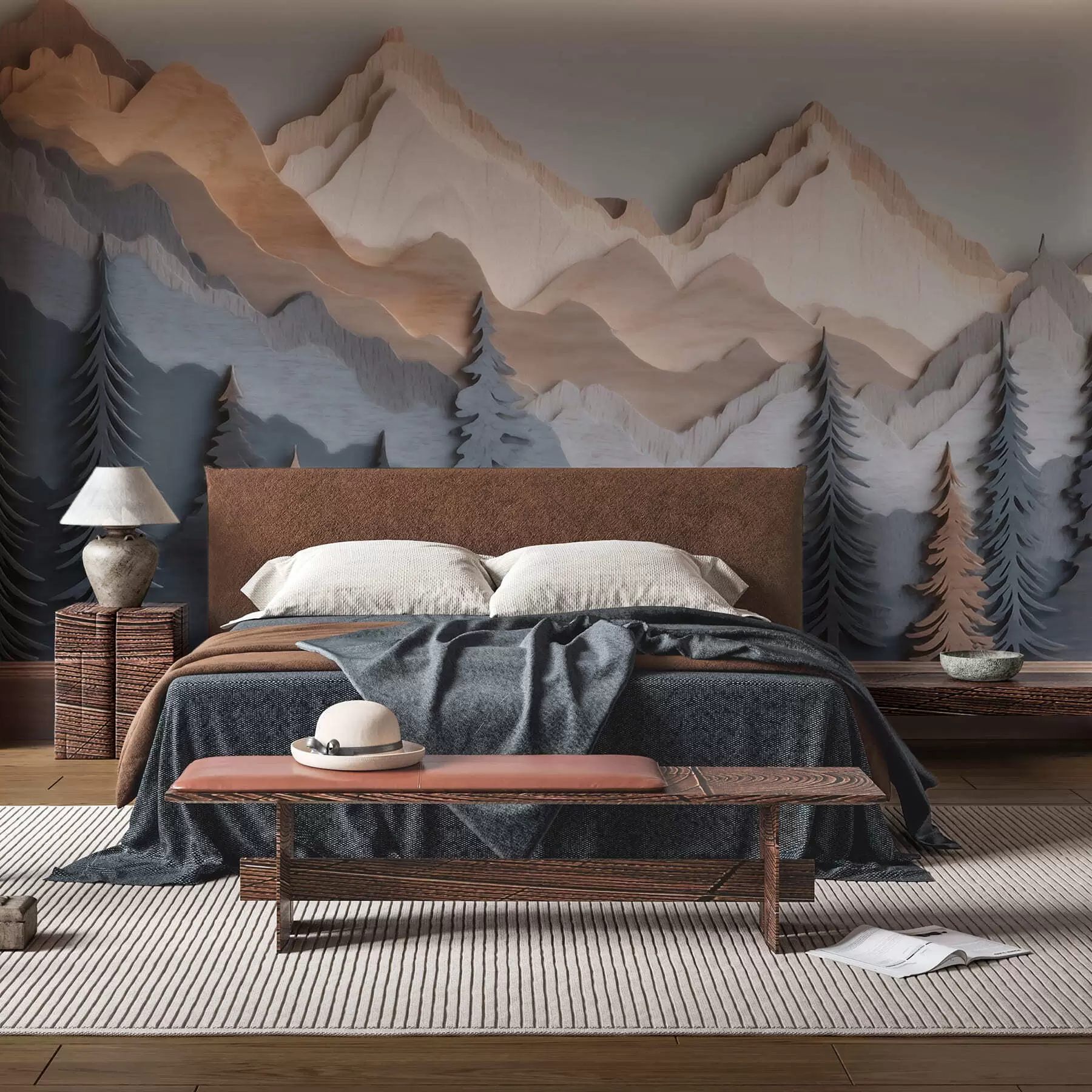 Papier peint photo Paysage naturel avec des pins et des montagnes, dans un style de sculpture sur bois w09793