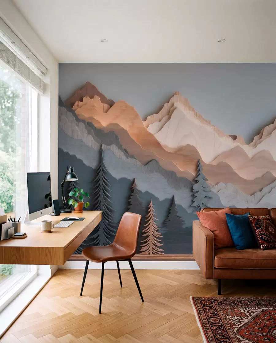 Fotobehang Natuurlandschap met dennenbomen en bergen in houtsnijwerkstijl w09793