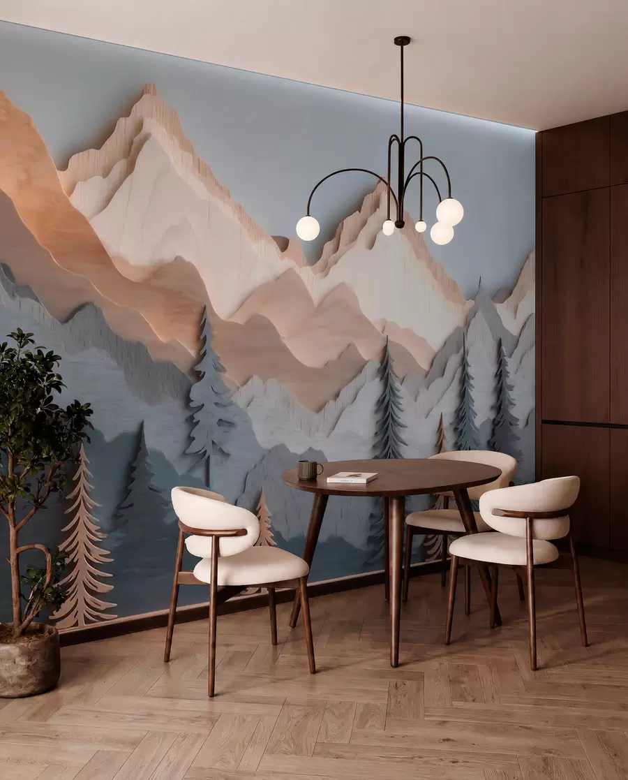 Papier peint photo Paysage naturel avec des pins et des montagnes, dans un style de sculpture sur bois w09793