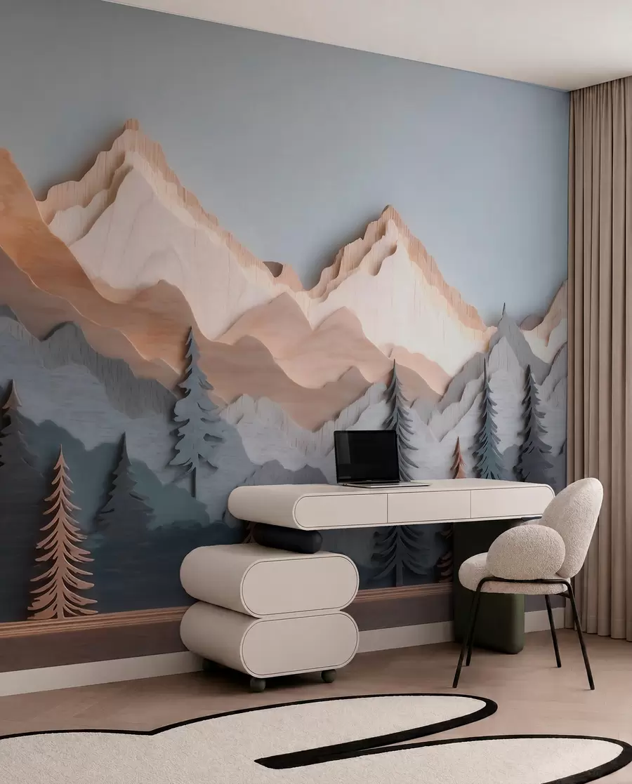 Fotobehang Natuurlandschap met dennenbomen en bergen in houtsnijwerkstijl w09793