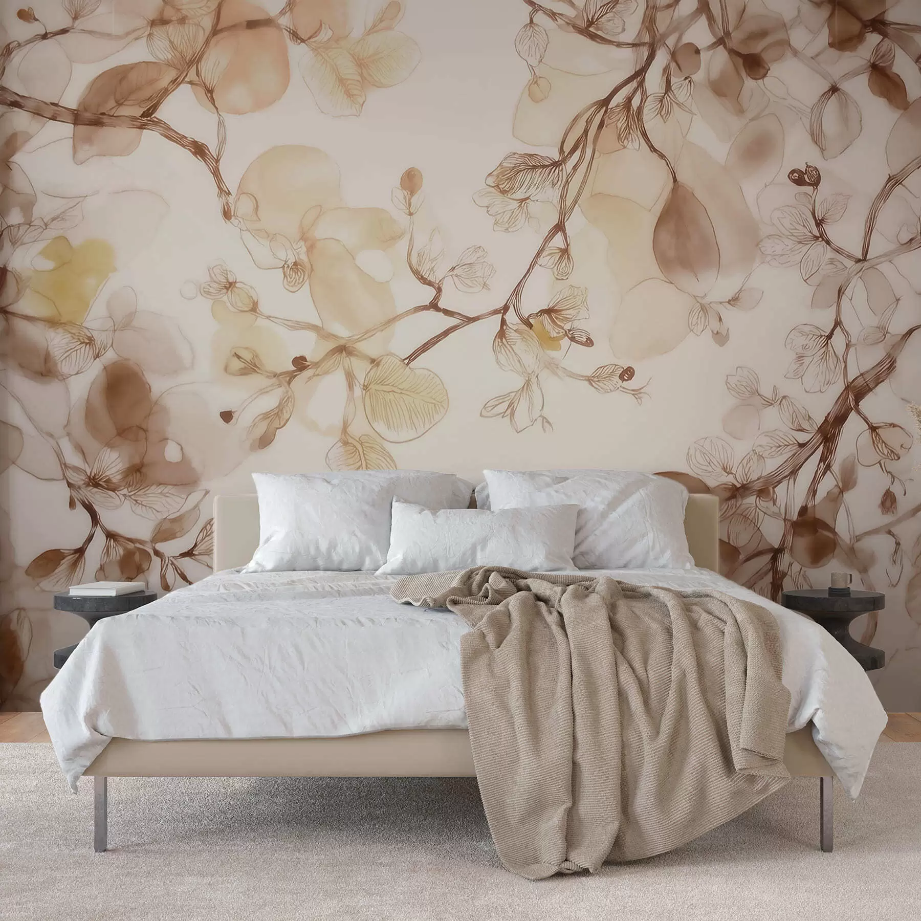 Papier peint photo Des branches aériennes suspendues dans des tons beiges, dans un style aquarelle w09795