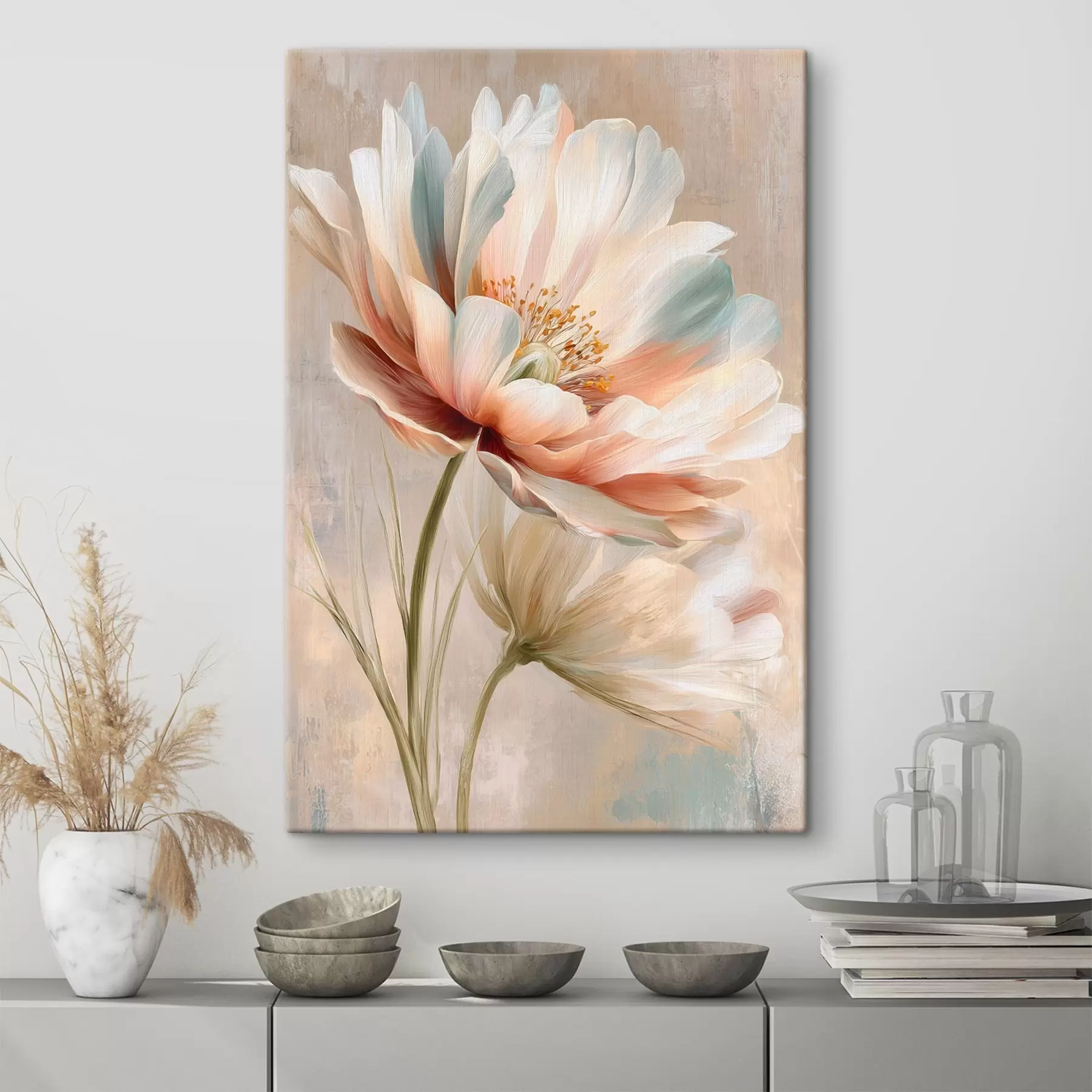  Schilderijen Verfijnde pioenrozen in een beige en koraalkleurig palet, in de stijl van een olieverfschilderij s48184