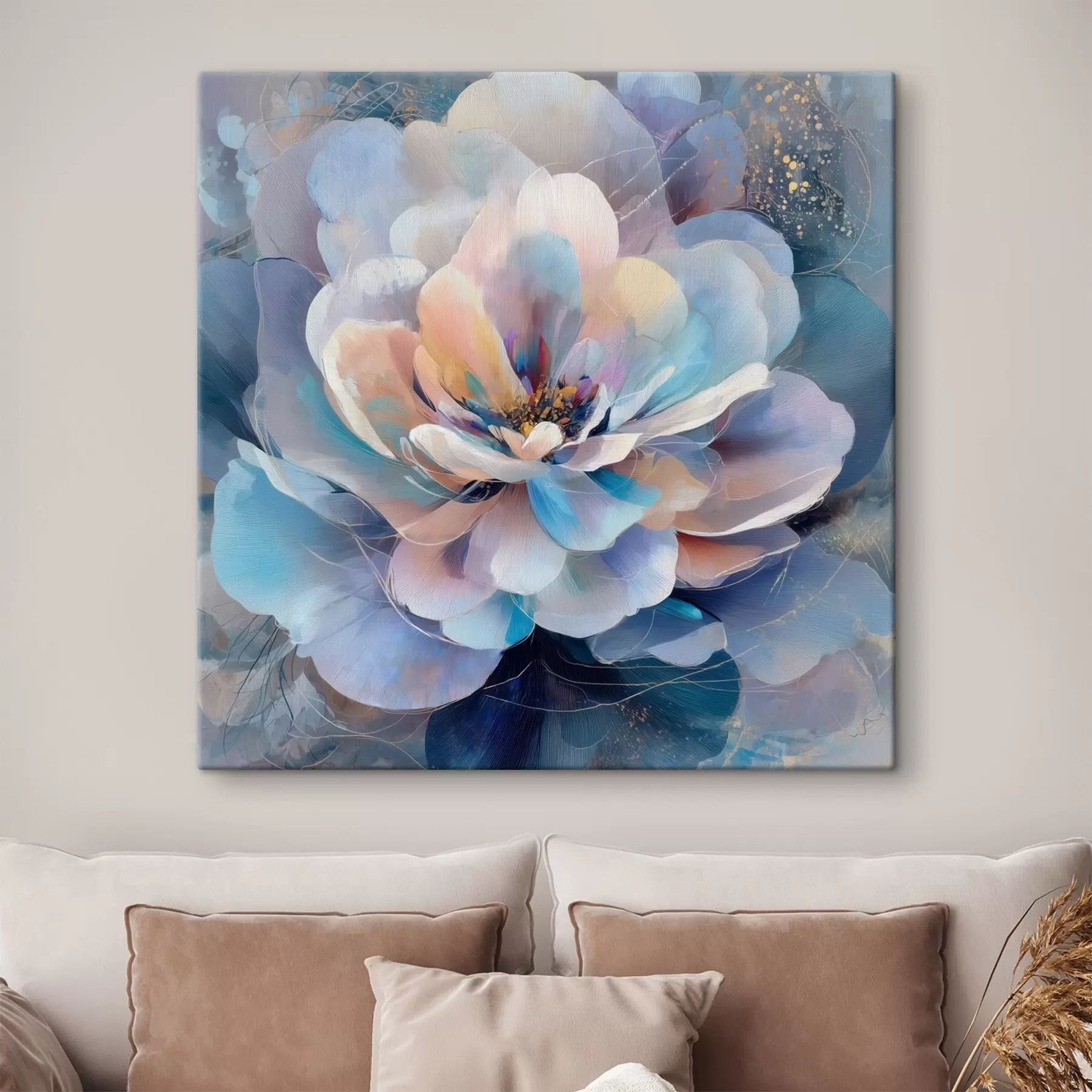  Schilderijen Abstracte bloem in roze en blauwe tinten, uitgevoerd in een eigentijdse schilderstijl s48185