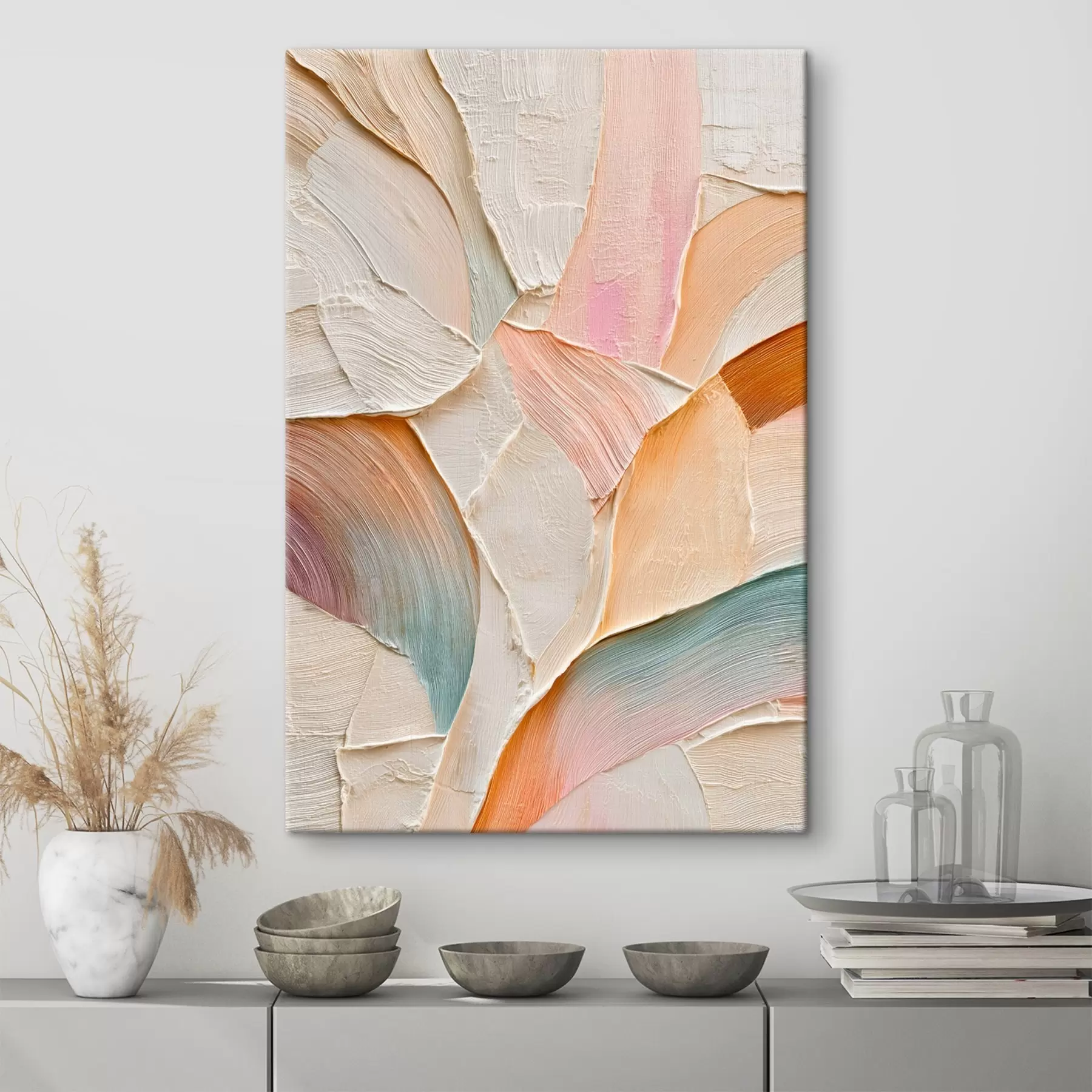  Schilderijen Een abstracte achtergrond met dynamische penseelstreken in perzik- en blauwtinten s48202