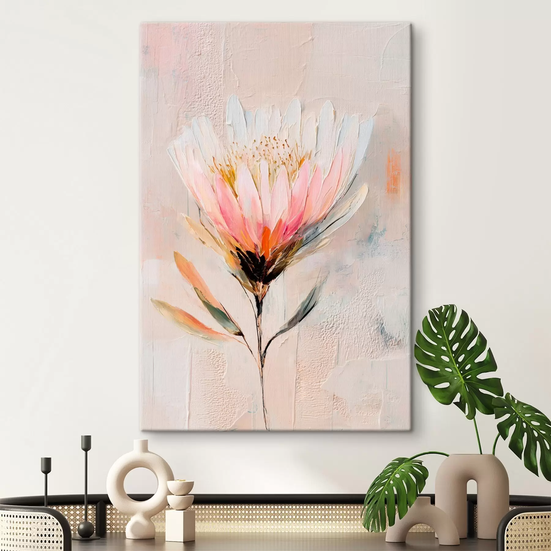  Peintures Fleur de protéa dans des tons rose pâle, dans un style peinture à l'huile s48205