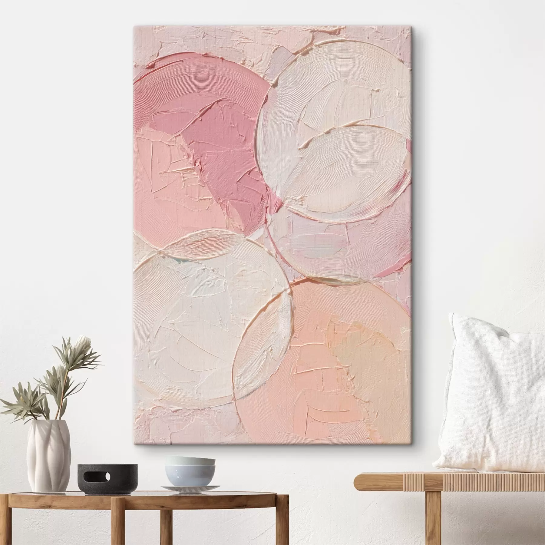  Peintures Composition abstraite avec des cercles dans des tons rose pâle, dans un style de peinture à l'huile s48207