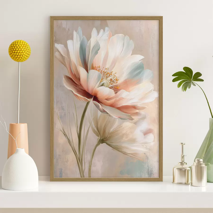 Papier peint photo De délicates pivoines dans une palette de beiges et de corail, dans un style de peinture à l'huile f48184