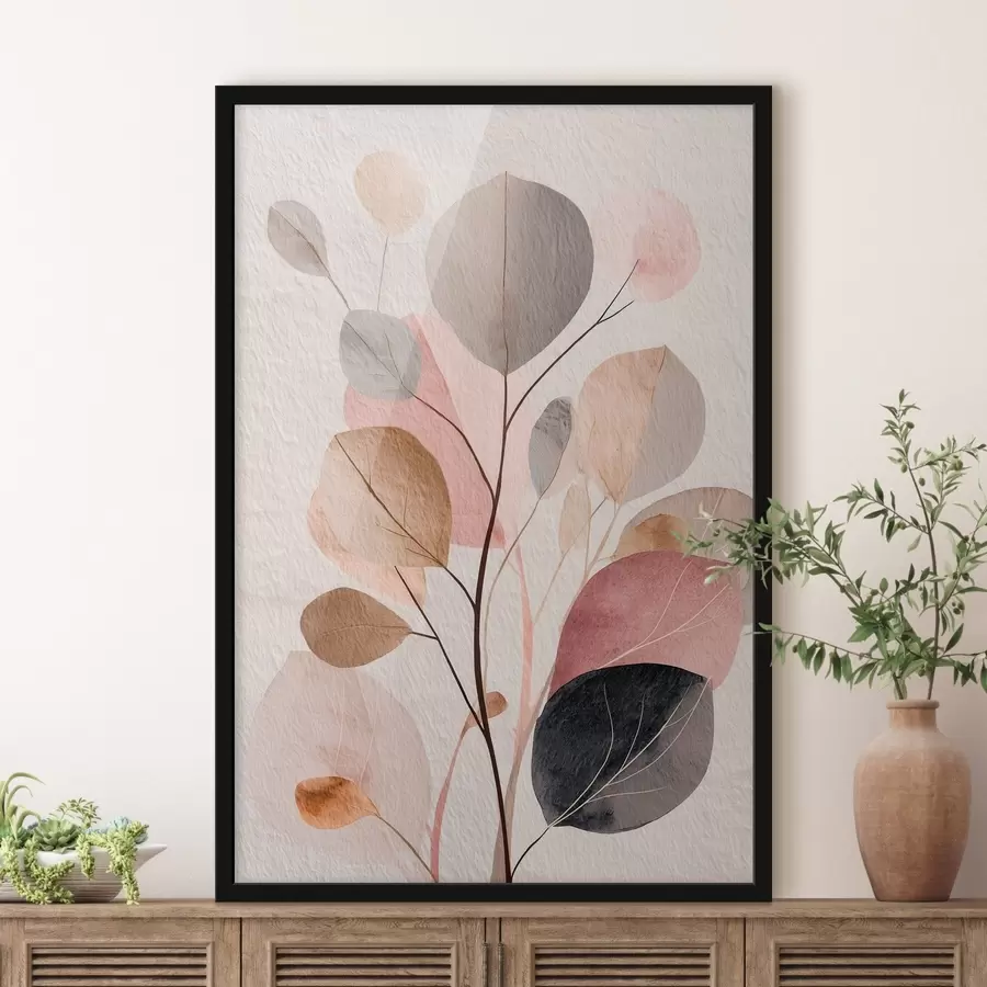 Papier peint photo Branche abstraite aux feuilles arrondies, dans des tons chauds de beige et de corail f48187