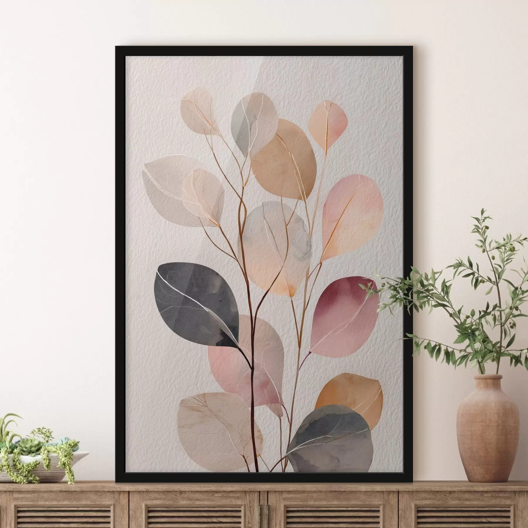 Papier peint photo Branche stylisée dans des tons beige et corail, dans un style aquarelle f48188