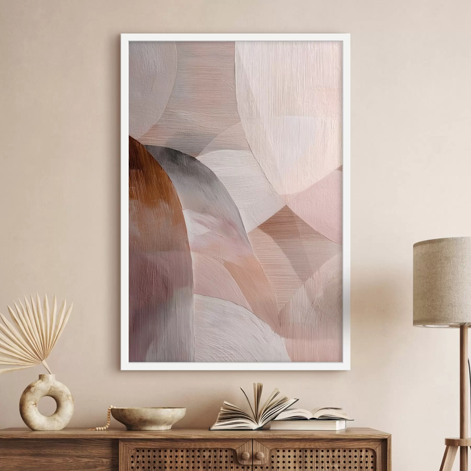 Papier peint photo Abstraction géométrique dans une palette de tons pêche chauds, dans le style d'une affiche d'art f48189