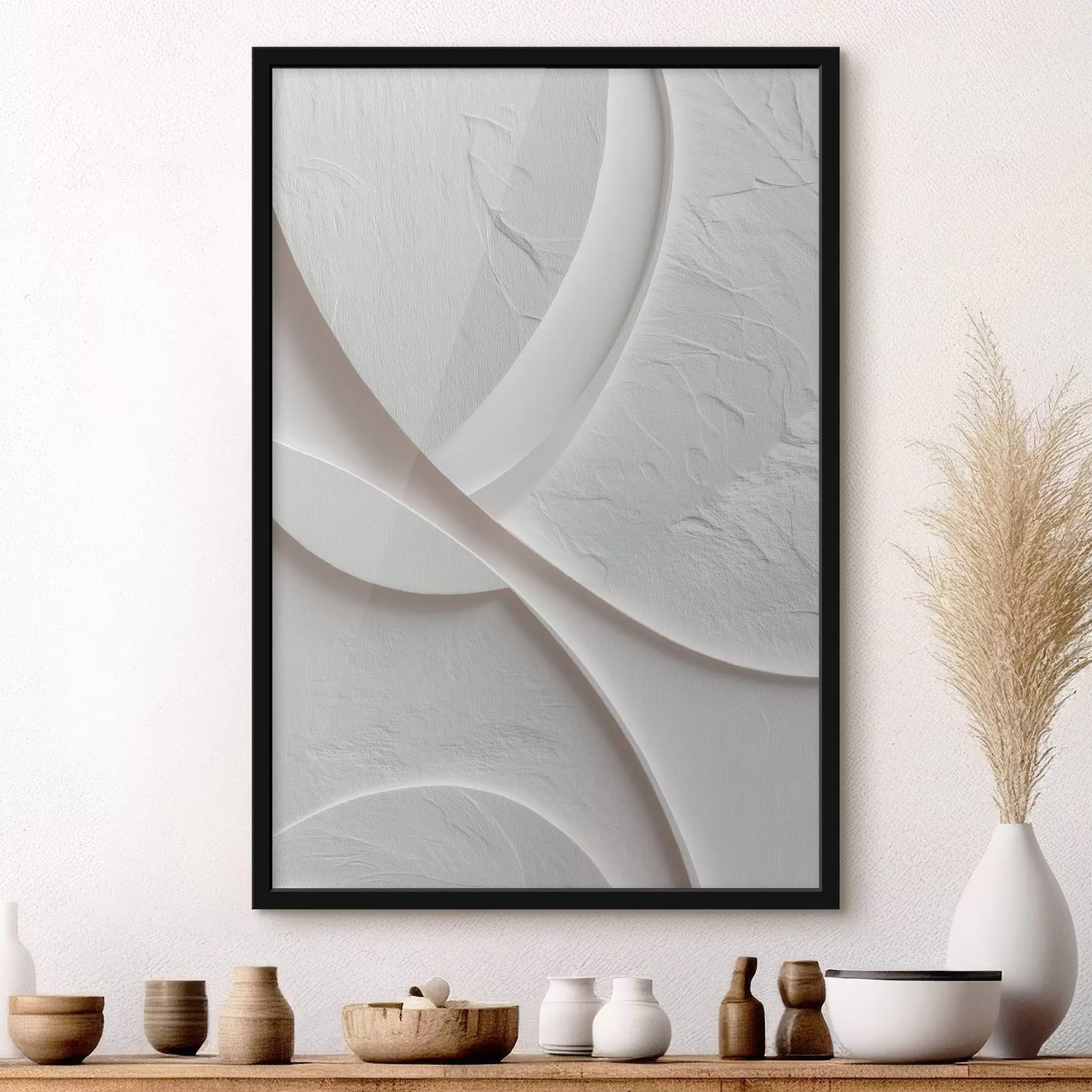 Fotobehang Decoratief paneel met vloeiende lijnen en een steenstructuur op een lichte achtergrond f48192