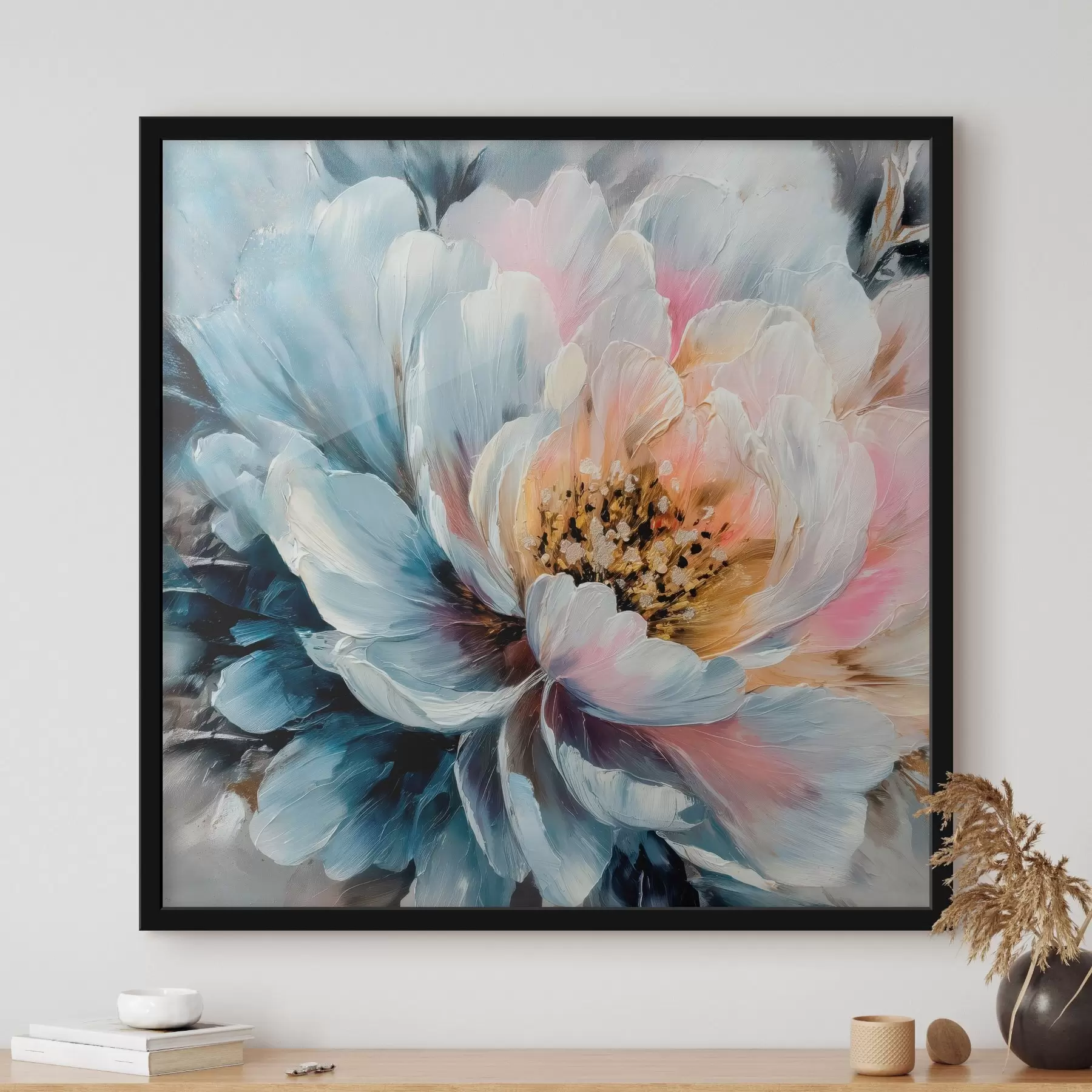 Fotobehang Grote pioenroos met expressieve, gestructureerde penseelstreken in een eigentijdse schilderstijl f48197