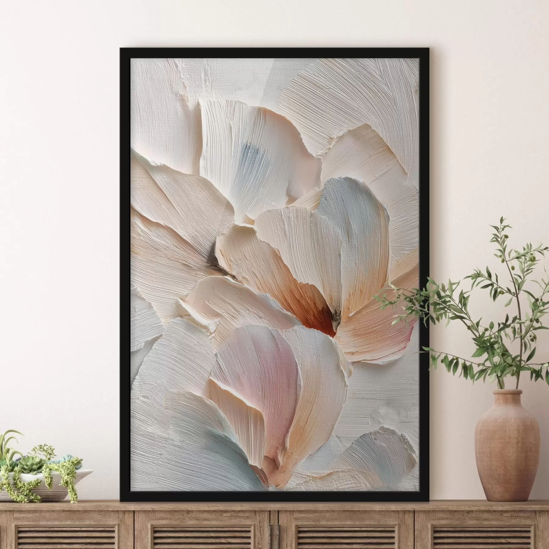 Fotobehang Gestileerde compositie met een effect van dikke penseelstreken op een lichte achtergrond f48200