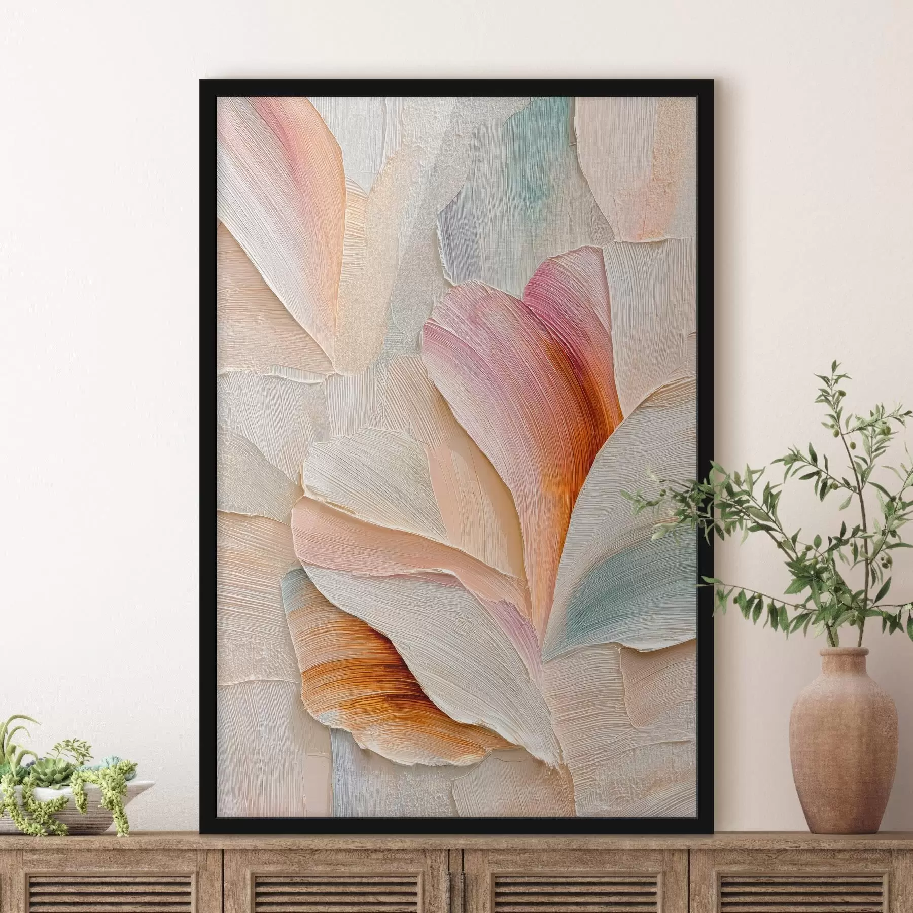 Fotobehang Kunstzinnige illustratie met volumineuze bloemblaadjes in een eigentijdse schilderstijl f48201