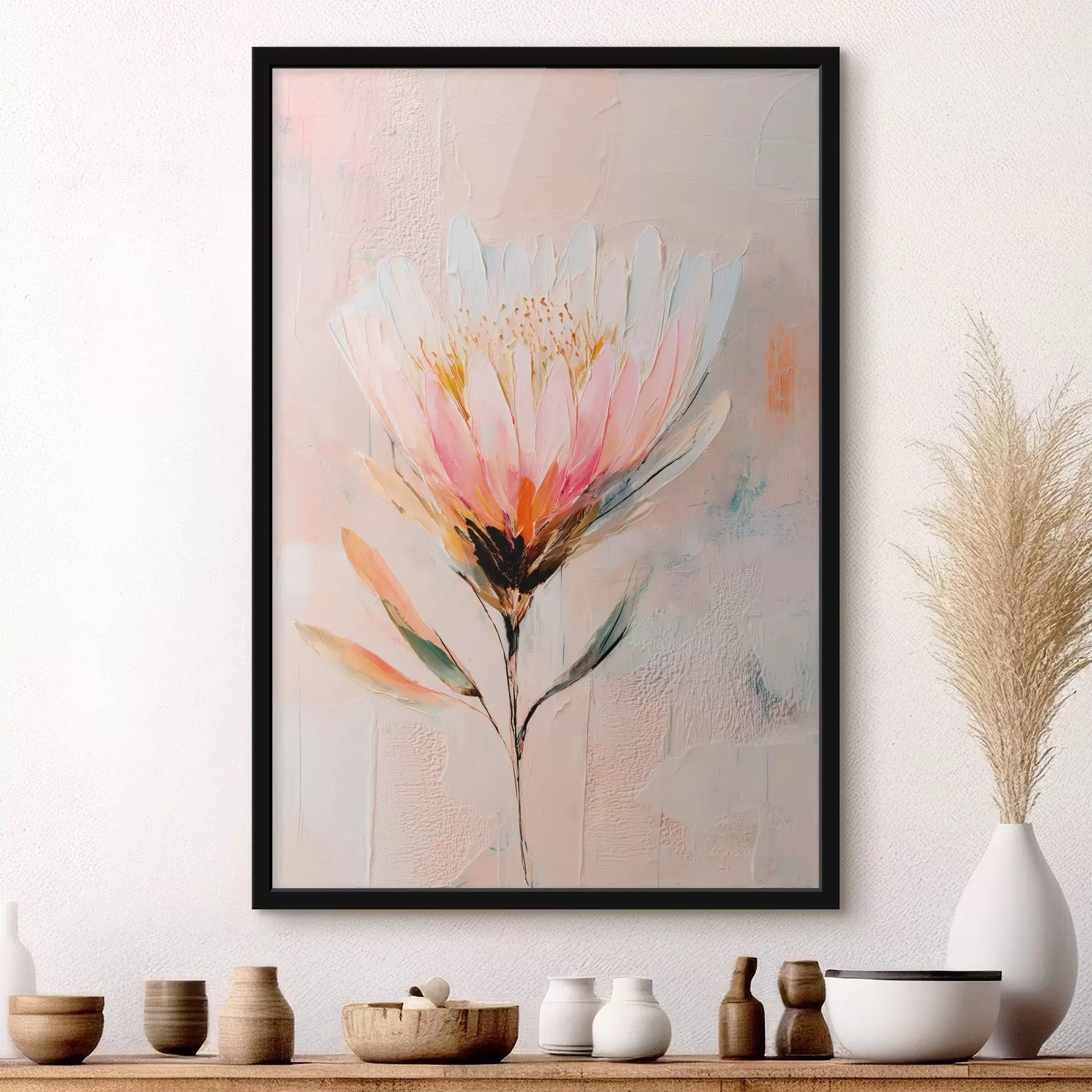 Papier peint photo Fleur de protéa dans des tons rose pâle, dans un style peinture à l'huile f48205