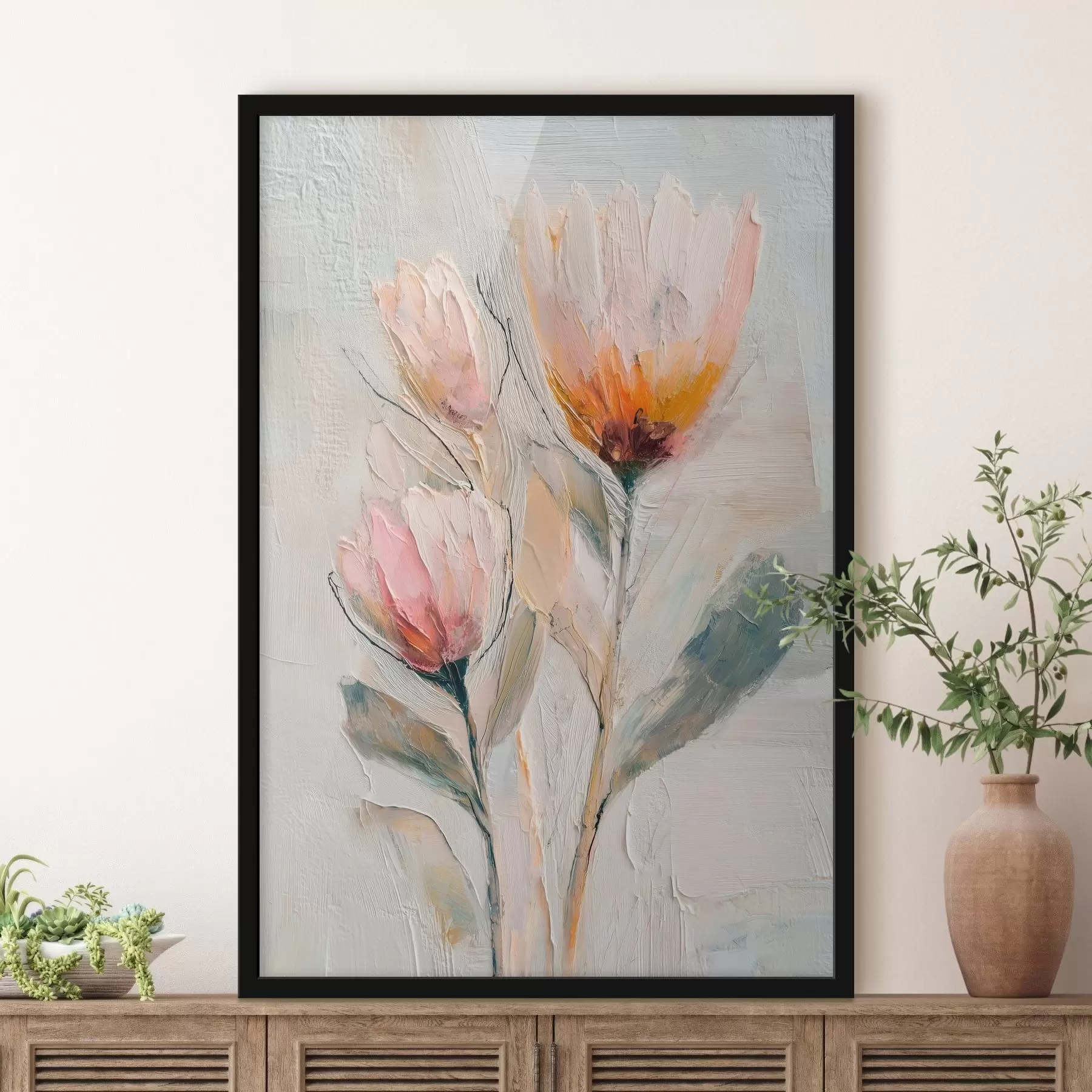 Fotobehang Boeket proteabloemen met een effect van dikke penseelstreken f48206