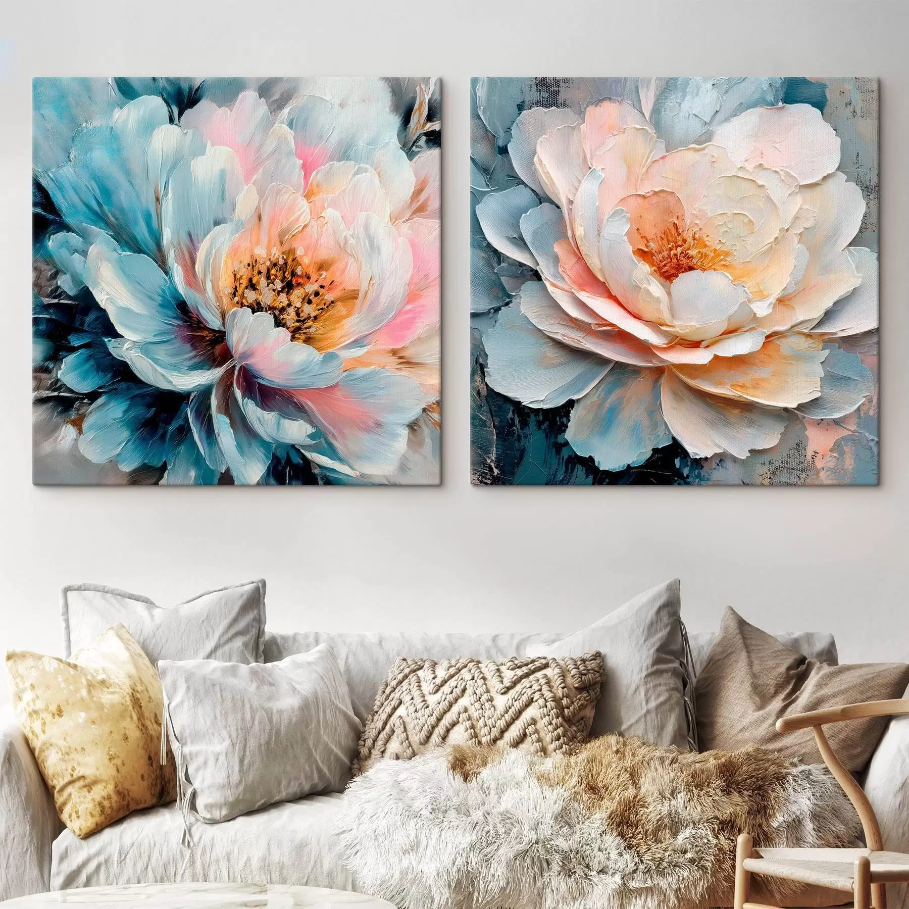  Peintures Composition florale abstraite dans une palette de roses et de bleus, avec des pétales texturés m30148