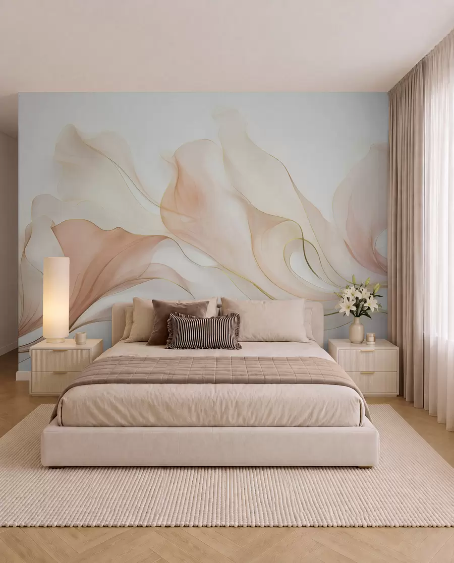 Fotobehang Een abstracte, vloeiende textuur in perzik- en crèmekleurige tinten met delicate lijnen w09815