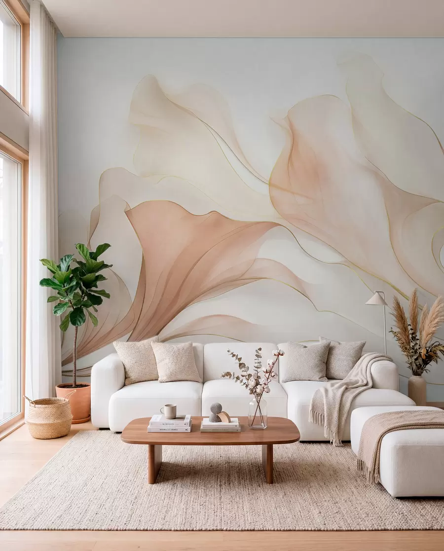 Fotobehang Een abstracte, vloeiende textuur in perzik- en crèmekleurige tinten met delicate lijnen w09815