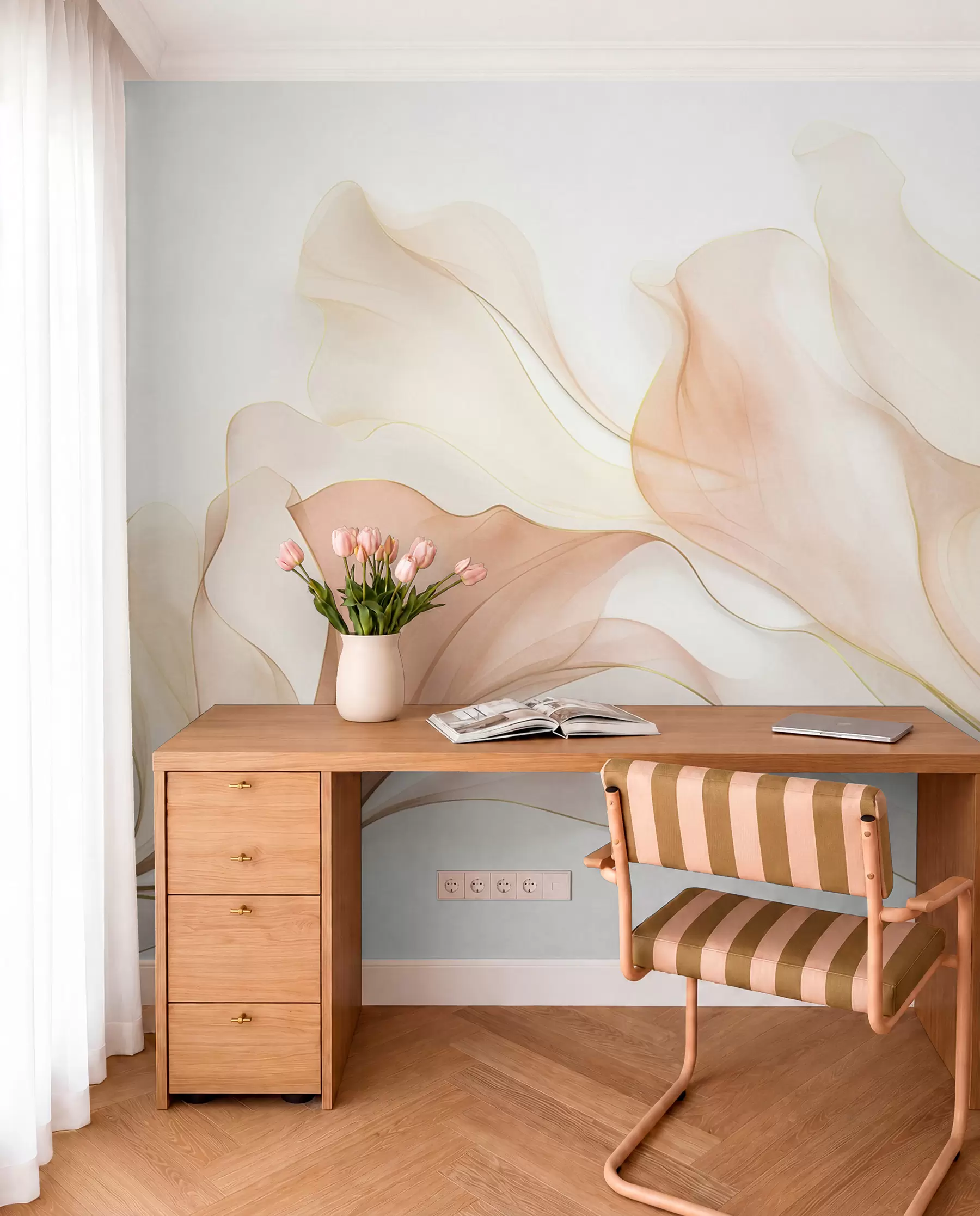 Fotobehang Een abstracte, vloeiende textuur in perzik- en crèmekleurige tinten met delicate lijnen w09815