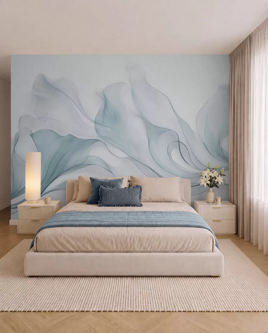 Fotobehang Een abstracte, vloeiende textuur in blauwtinten met fijne lijnen w09815v1