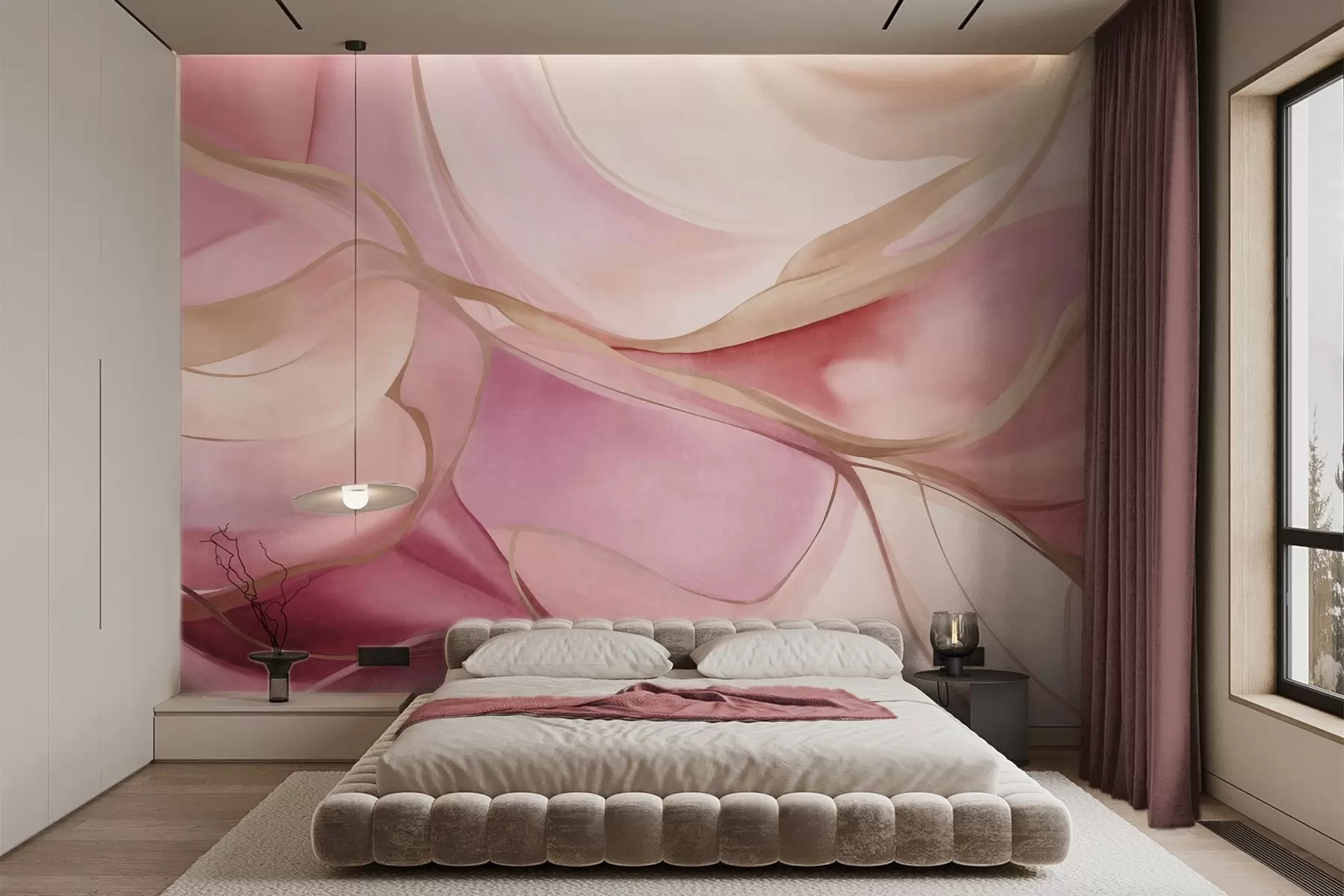 Fotobehang Abstracte, gestructureerde, vloeiende vormen in roze- en beigetinten met subtiele gele lijnen w09818