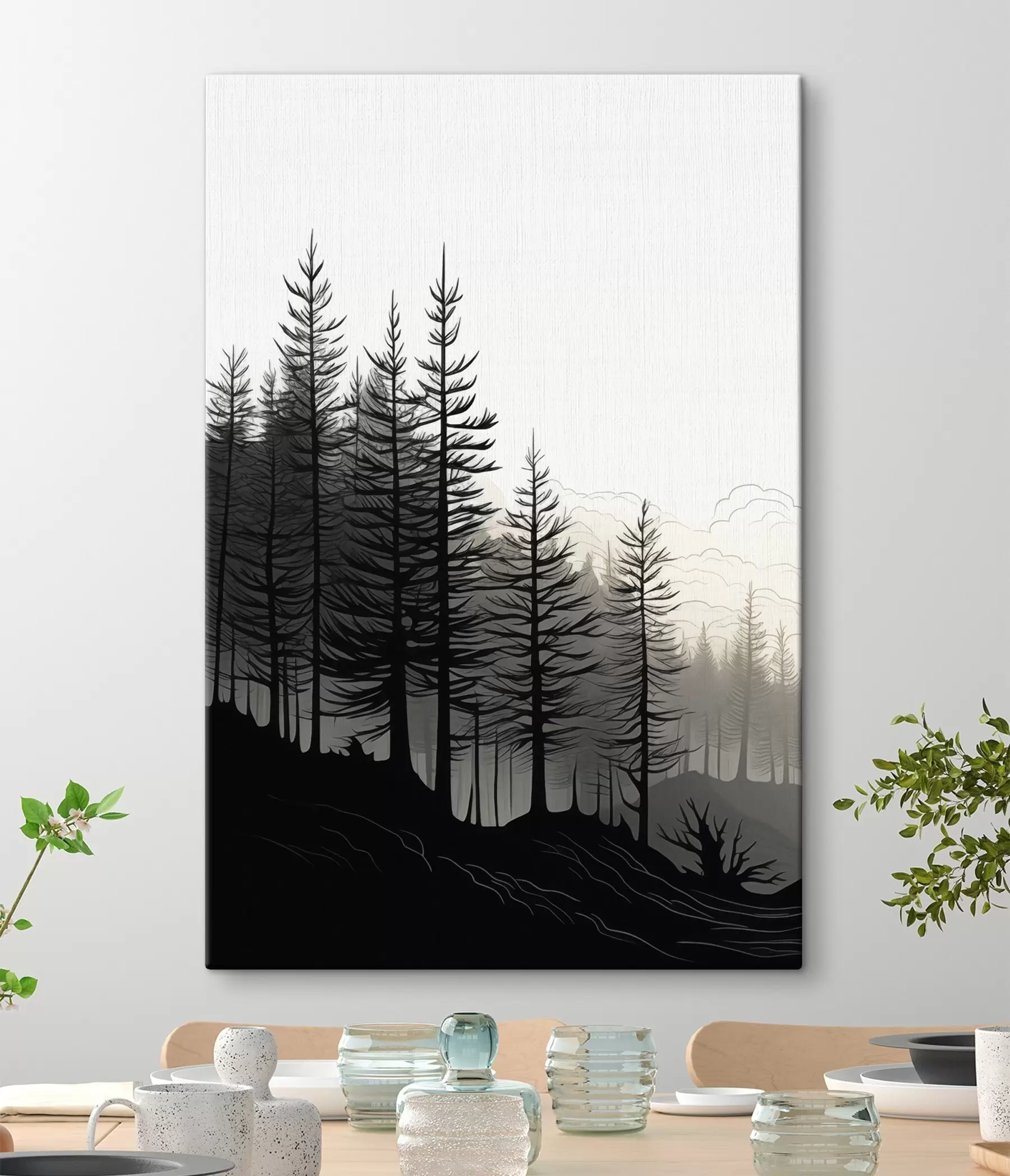  Peintures Une forêt brumeuse, un paysage en noir et blanc s48573