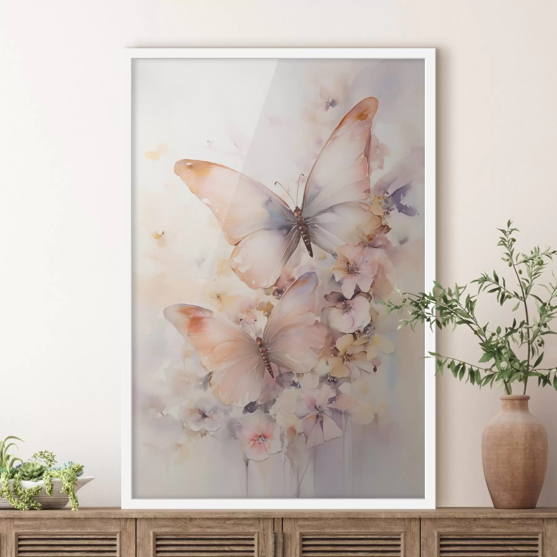 Fotobehang Verfijnde bloemen met vlinders, in pastelkleuren f48563