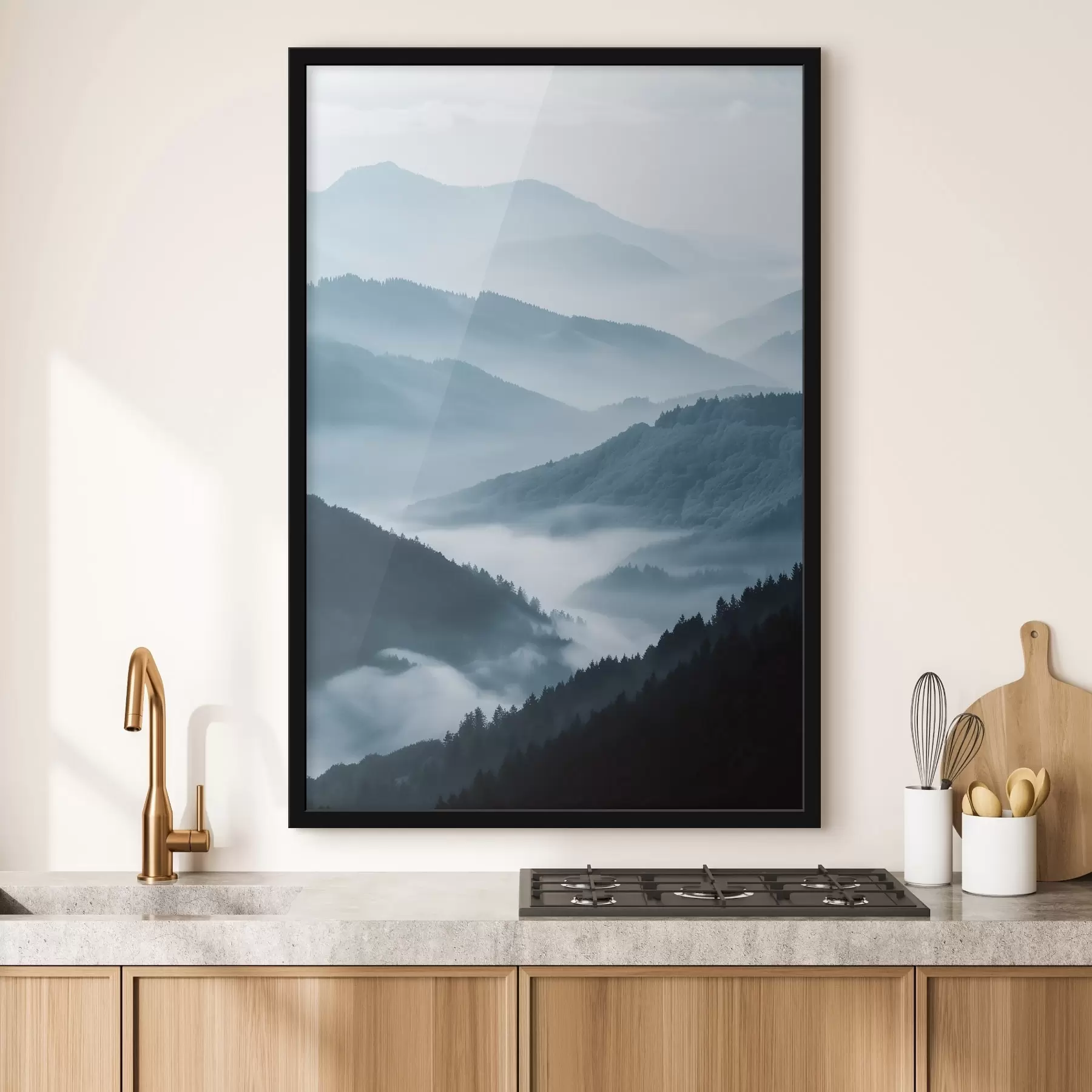 Papier peint photo Montagnes brumeuses, paysage bleu f48567