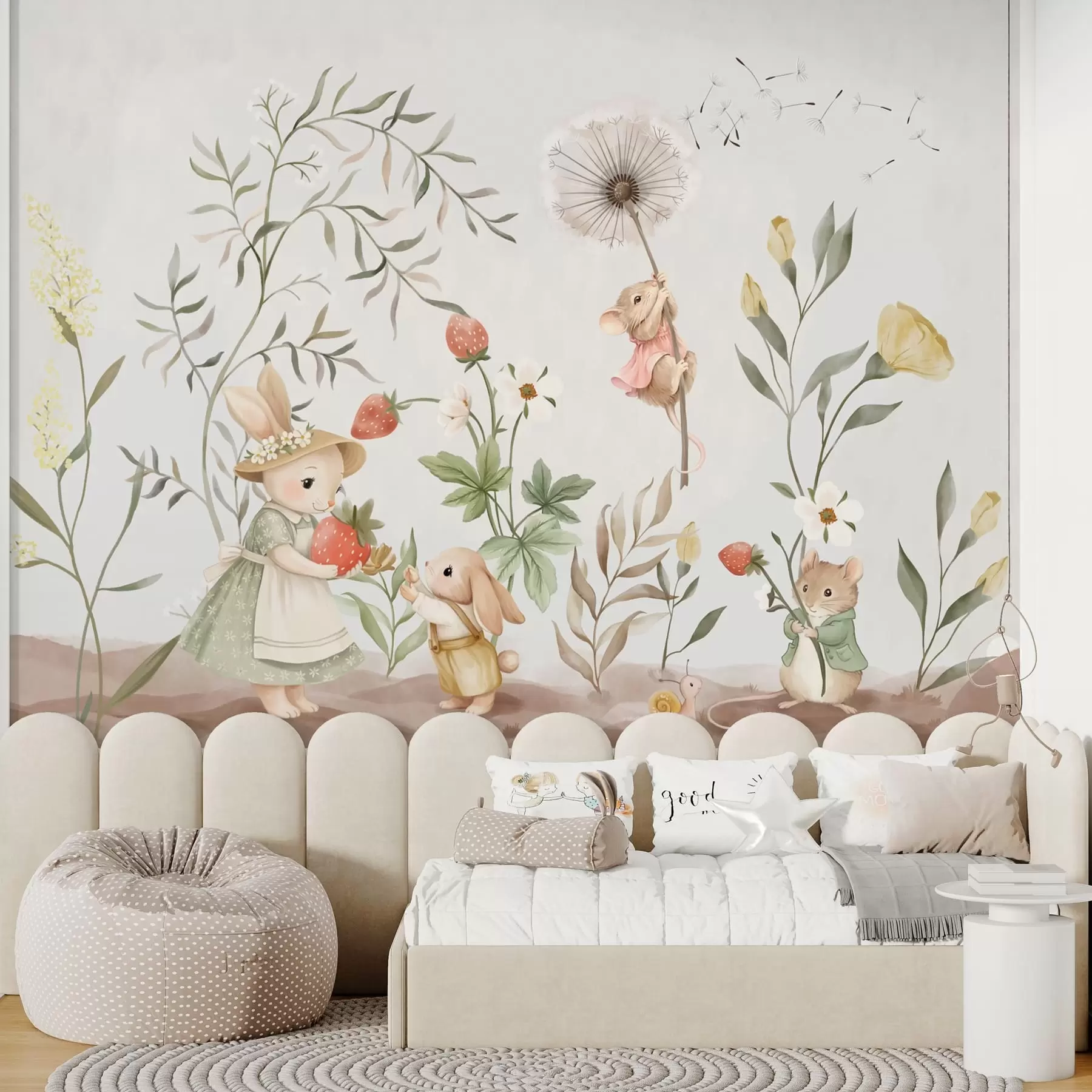 Fotobehang Kinderillustratie van een konijntje en een muis tussen planten en bloemen w05422