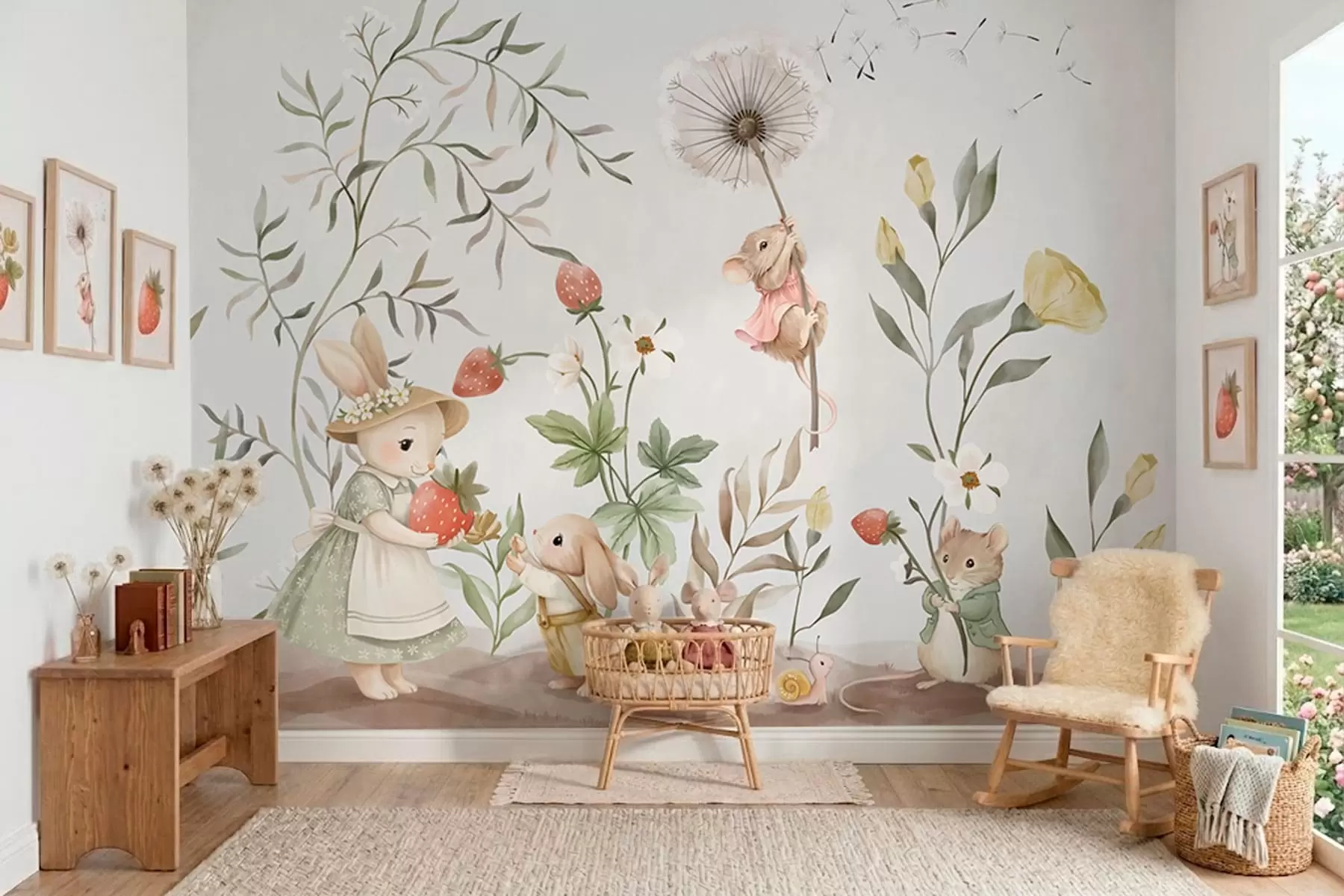 Fotobehang Kinderillustratie van een konijntje en een muis tussen planten en bloemen w05422